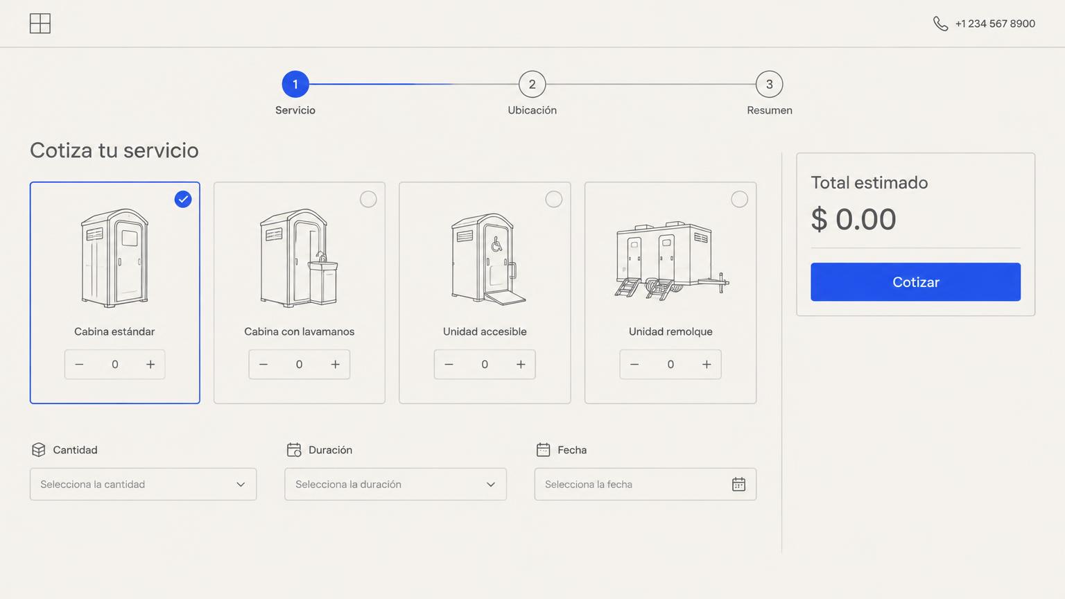 Concepto wireframe para el cotizador de renta de baños móviles
